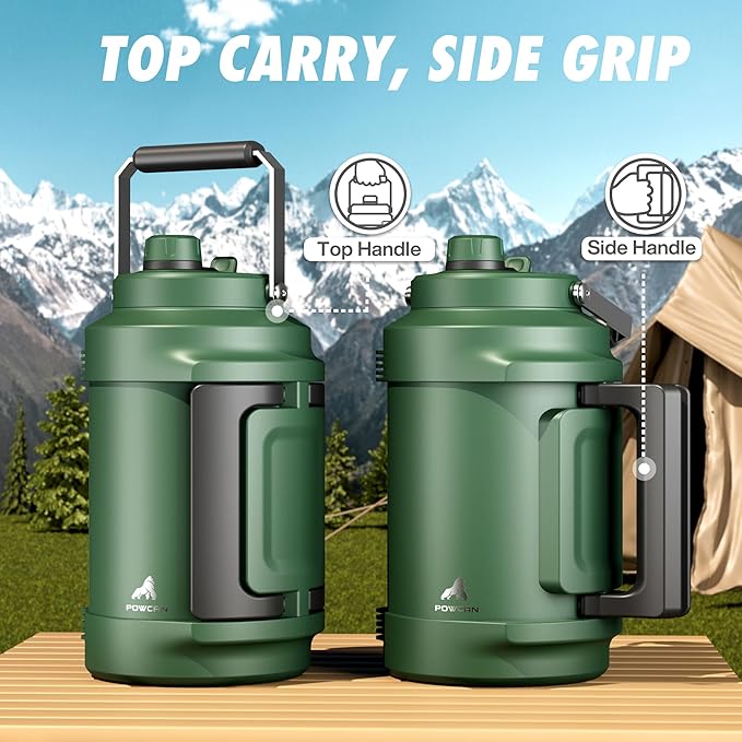 POWCAN One Gallon Insulated Water Bottle: 2-in-1 Straw Spout Lid, Dual Handle, Leakproof, Keep Cold 48H, 128oz Stainless Steel Water Jug for Outdoors, Trip, Sport, Fitness, Camping, Picnic (Forgest)