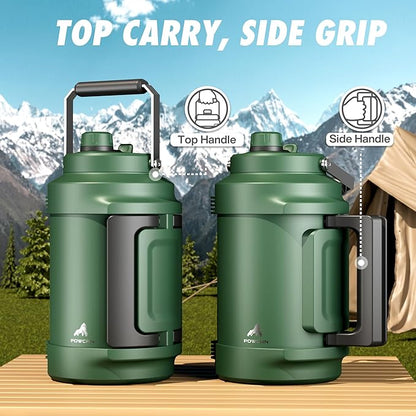 POWCAN One Gallon Insulated Water Bottle: 2-in-1 Straw Spout Lid, Dual Handle, Leakproof, Keep Cold 48H, 128oz Stainless Steel Water Jug for Outdoors, Trip, Sport, Fitness, Camping, Picnic (Forgest)