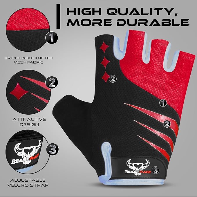 BEAST RAGE Half Finger Cycling Gloves for Men Women, Gel Padded Anti-Slip Shock Absorbing Weight Lifting Gym Gloves Cycle Mountain Bike Gloves for MTB, Biking, Hiking