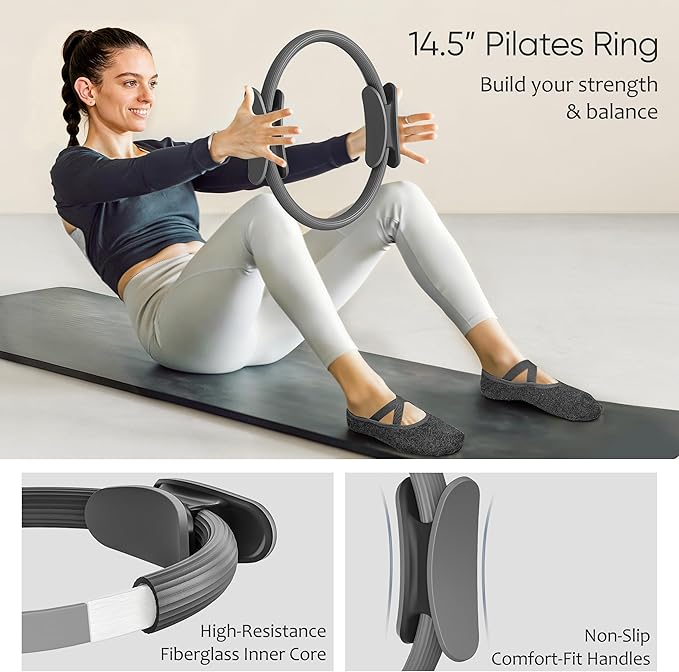 Pilates Kit, Pilates Essentials Kit for Women Home Workouts, Pilates Equipment with 14.5" Pilates Ring and Ball,7 Resistance Bands,Ankle Weights,Sliders & Grip Socks for Beginners