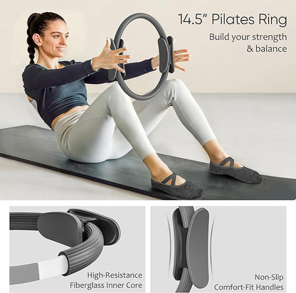 Pilates Kit, Pilates Essentials Kit for Women Home Workouts, Pilates Equipment with 14.5" Pilates Ring and Ball,7 Resistance Bands,Ankle Weights,Sliders & Grip Socks for Beginners