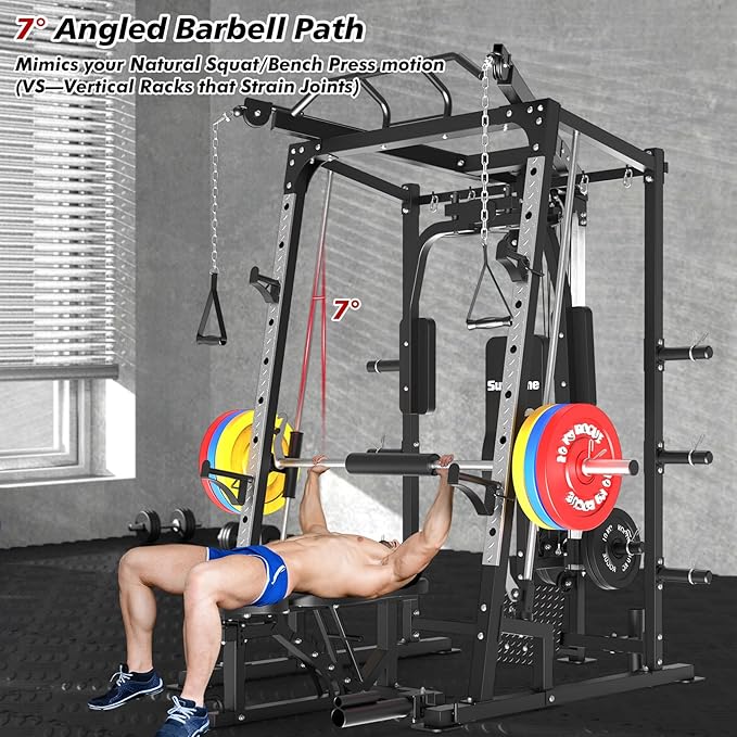 SunHome Smith Machine, Power Cage Squat Rack with Smith Bar, LAT Pull-Down Systems, Cable Crossover Machine and Cable Attachment for Home Gym