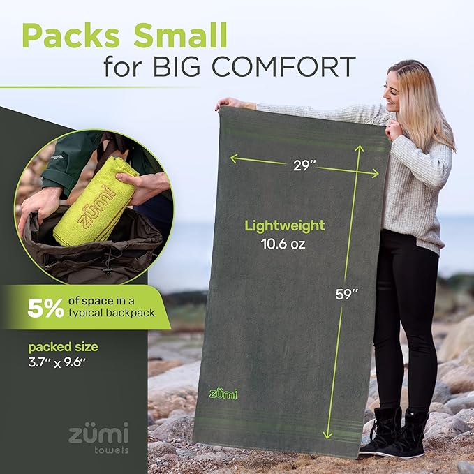 Zumi 100% Cotton Quick Dry Large Travel Towel - Soft, Thin, Compact, Highly Absorbent, Lightweight Camping Towel for Beach, Gym, Bath, Shower, Swimming, Pool, Dorm, RV - Gray