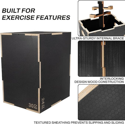 Fitvids 3 in 1 Non-Slip Wooden Plyo Box Jump Exercise Platform, Plyometric Workout Equipment for Home Gym, Training Step Box, Black, Multiple Sizes
