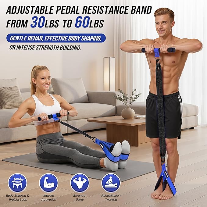 Adjustable Pedal Resistance Band with Handle, 60LBS Exercise Resistance Bands for Full Body Training | Sit Up Exercise Equipment for Core, Abs, Legs, Glutes, Arms, Pilates, and Yoga at Home Gym