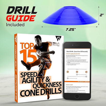Pro Disc Cones (Set of 50) - Agility Soccer Cones with Carry Bag and Holder for Sports Training, Football, Basketball, Coaching, Practice Equipment, Kids - Includes 15 Best Cone Drills Book