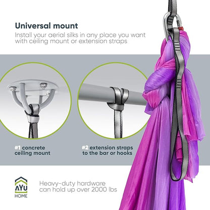 AyuHome Aerial Silks Kit for Home - Premium Yoga Swing for Kids and Adults with 660 lbs Capacity - Versatile Aerial Yoga Hammock for Gymnastics Training