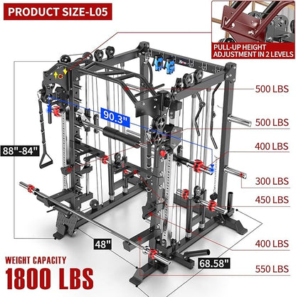 Multi-Purpose Squat Rack,Smith Machine Weight Rack Set with Cable Crossover System, Home Gym Power Racks, Power Racks and Packages