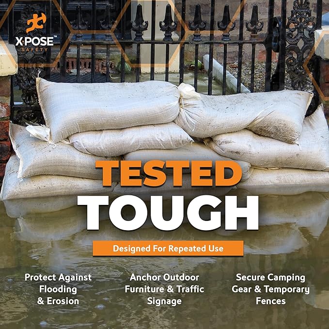 Xpose Safety Heavy Duty Sand Bags with Tie Strings – Empty Woven Polypropylene Sandbags for Hurricane Flood Protection, 50 lb Capacity, 14" x 26", White, Bulk Full Pallet Pack of 15000