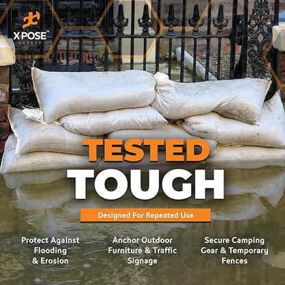 Xpose Safety Heavy Duty Sand Bags with Tie Strings – Empty Woven Polypropylene Sandbags for Hurricane Flood Protection, 50 lb Capacity, 14" x 26", White, Bulk Half Pallet Pack of 7500