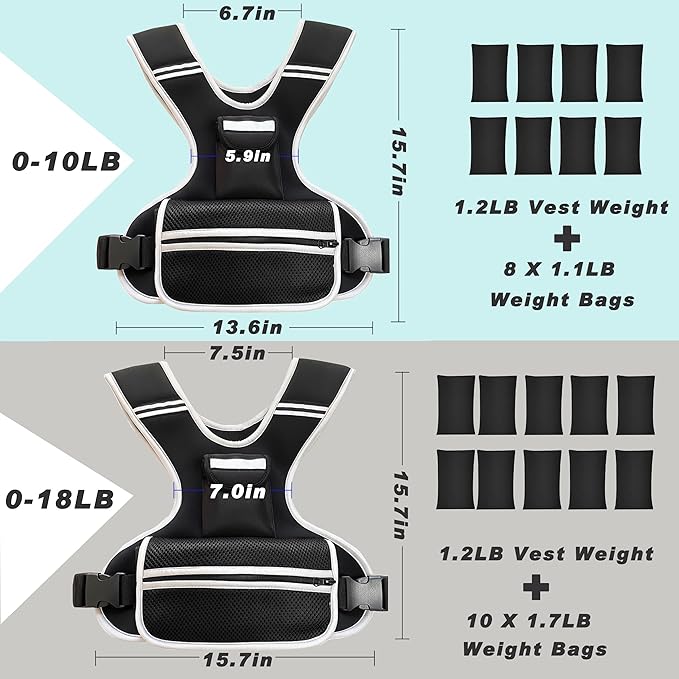 Adjustable Weighted Vest for Women and Men, 0-10lb/0-18lb with Removable Weights, Neoprene Fabric, Reflective Stripe and Padded Shoulders for Walking and At-Home Cardio