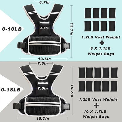 Adjustable Weighted Vest for Women and Men, 0-10lb/0-18lb with Removable Weights, Neoprene Fabric, Reflective Stripe and Padded Shoulders for Walking and At-Home Cardio