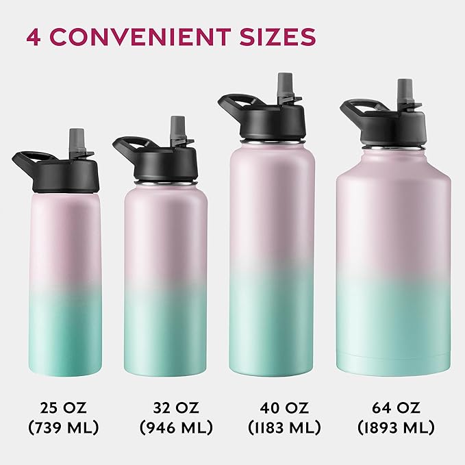 FineDine Water Bottle - Stainless Steel Insulated Water Bottle with Straw Lid, Flip Lid & Wide-Mouth Cap - Keeps Hot and Cold - 25 Oz / 739ml - Dreamy Pink-Green