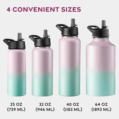 FineDine Water Bottle - Stainless Steel Insulated Water Bottle with Straw Lid, Flip Lid & Wide-Mouth Cap - Keeps Hot and Cold - 25 Oz / 739ml - Dreamy Pink-Green