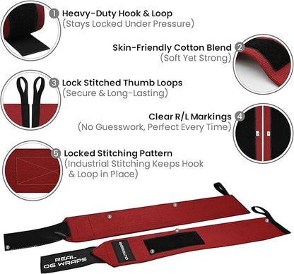 18" OG-Grade Wrist Wraps for Weightlifting – Heavy Duty Wrist Support with Thumb Loop & Lockdown Strap – Wrist Straps for Powerlifting, Bench Press & Gym Training