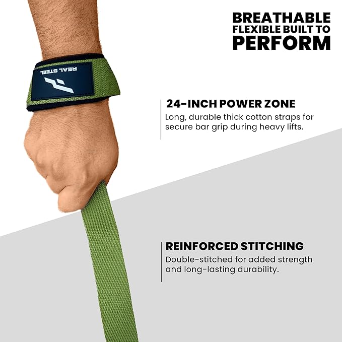Real Steel Lifting Wrist Straps for Weightlifting, Bodybuilding, Powerlifting, Strength Training, & Deadlifts - Padded Neoprene with 24 inch Cotton