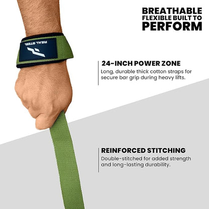 Real Steel Lifting Wrist Straps for Weightlifting, Bodybuilding, Powerlifting, Strength Training, & Deadlifts - Padded Neoprene with 24 inch Cotton