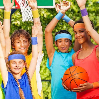 24 Pieces 80s Neon Sweatbands Set, Include 8 Sports Headbands and 16 Sweat Wristbands Elastic Athletic Tennis Sweat Bands Bulk for Man Woman