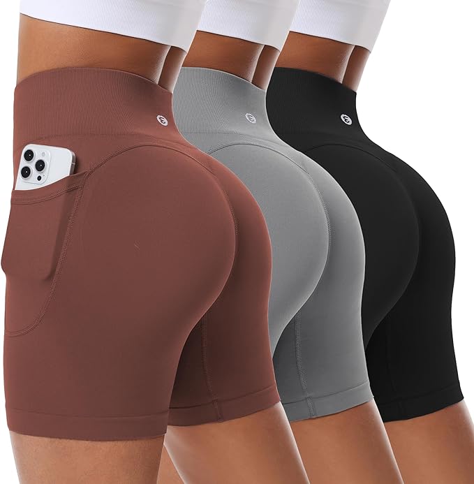Evercute Women's Gym Shorts 3/4 Pack Seamless Scrunch Butt Lifting Workout Shorts 5" Tummy Control Ruched Booty Yoga Short