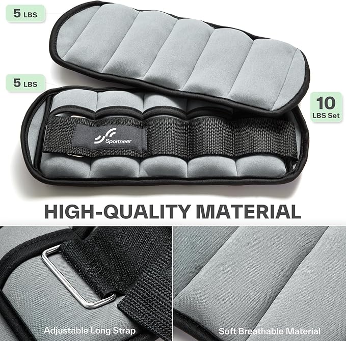 Sportneer Adjustable Ankle Weights Set - 1 Pair (2-10 lbs) Removable Sandbags for Women & Men, Comfortable Neoprene Leg Weights for Walking, Running, Pilates, Yoga, Home Workout & Physical Therapy