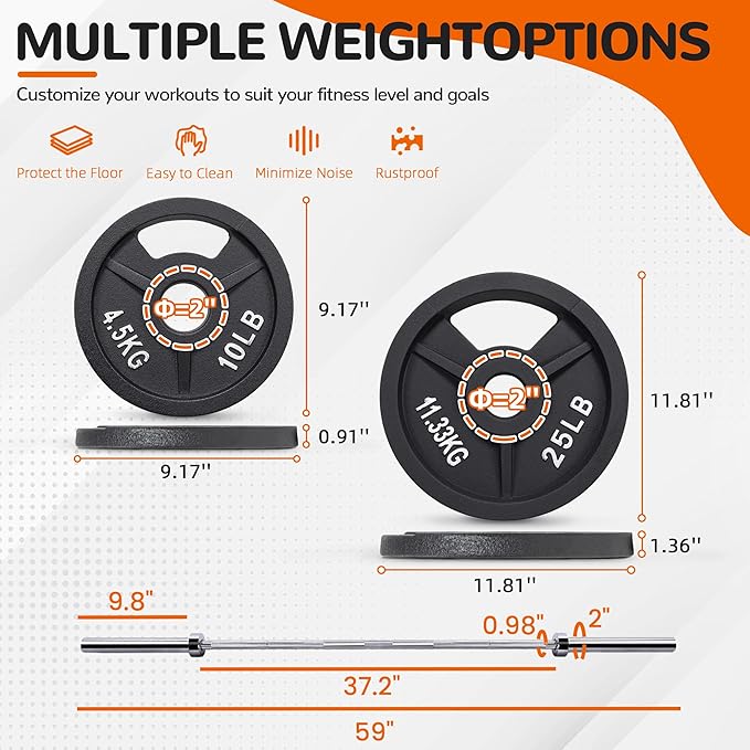Signature Fitness 2-Inch Cast Iron Barbell Set, Including Multiple LBS Weight Plates and 6FT Barbell Set, Multiple