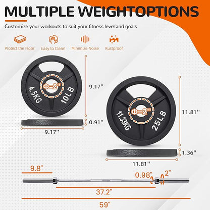 Signature Fitness 2-Inch Cast Iron Barbell Set, Including Multiple LBS Weight Plates and 6FT Barbell Set, Multiple