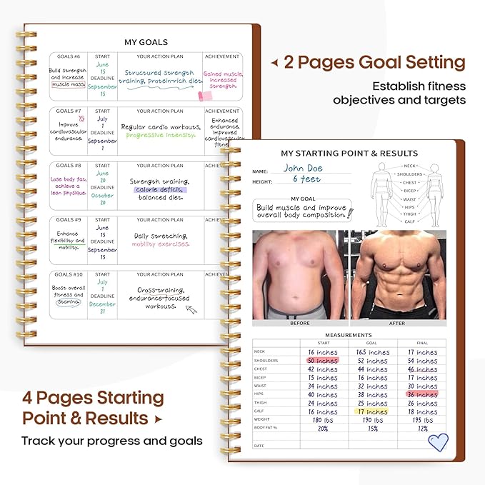 Fitness Workout Journal for Women & Men, A5(5.5" x 8.3") Workout Log Book Planner for Tracking, Progress, and Achieving Your Wellness Goals-Rust Brown