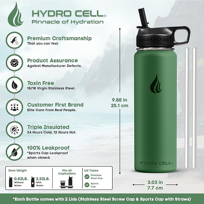 HYDRO CELL Stainless Steel Insulated Water Bottle with Straw - For Cold & Hot Drinks - Metal Vacuum Flask with Screw Cap and Modern Leakproof Sport Thermos for Adults (Forrest 24oz)