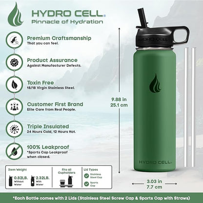 HYDRO CELL Stainless Steel Insulated Water Bottle with Straw - For Cold & Hot Drinks - Metal Vacuum Flask with Screw Cap and Modern Leakproof Sport Thermos for Adults (Forrest 24oz)