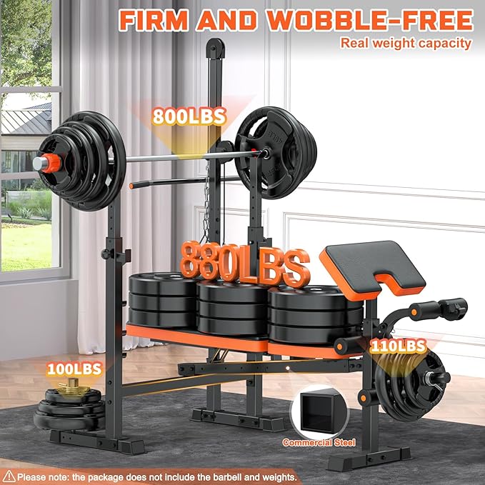 Fostoy 9-in-1 Adjustable Olympic Weight Bench with Lat Pulldown, Row, Squat Rack & Leg Curl – Multi-Function Strength Training Bench Press for Home Gym Full Body Workout