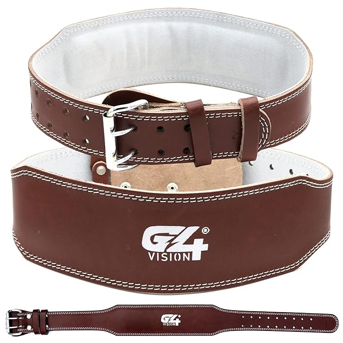 G4 Vision Genuine Leather Adjustable Weightlifting Belt 4 Gym Fitness Bodybuilding Powerlifting Deadlifting Thrusters Back Support Heavy Workout (Large, Brown)