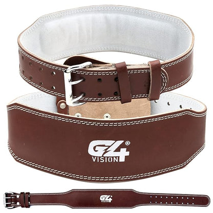G4 Vision Genuine Leather Adjustable Weightlifting Belt 4 Gym Fitness Bodybuilding Powerlifting Deadlifting Thrusters Back Support Heavy Workout (Large, Brown)
