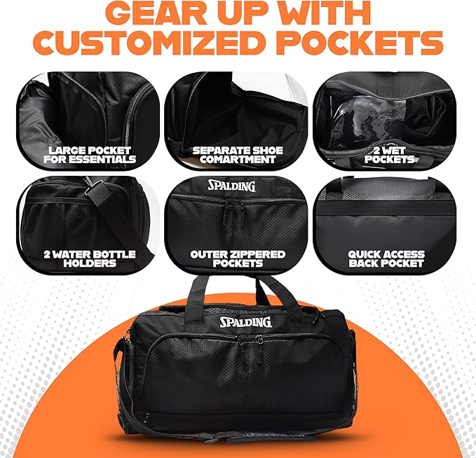 Spalding Sports Basketball Duffle Bag | Large Basketball Duffel Bag for Women and Men | Great for Workout and Travel | with Wet and Shoe Compartment | 10 Durable Strong Zippered Pockets