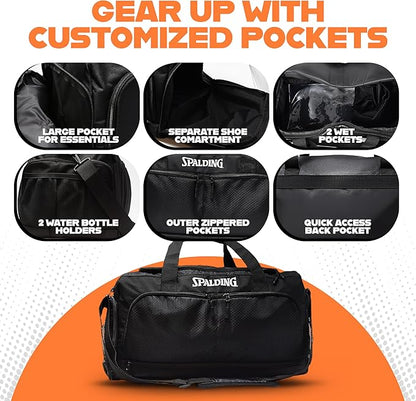 Spalding Sports Basketball Duffle Bag | Large Basketball Duffel Bag for Women and Men | Great for Workout and Travel | with Wet and Shoe Compartment | 10 Durable Strong Zippered Pockets