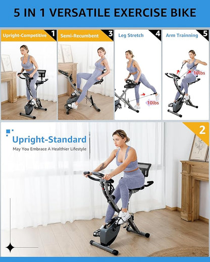 Foldable Exercise Bike Stationary Bikes for Home, 5 IN 1 Indoor Workout Bike, Cycling Bike with 16-Level Quiet Magnetic Resistance, 6.6 LBS Flywheel and 300LBS Capacity for Senior and Home Workout