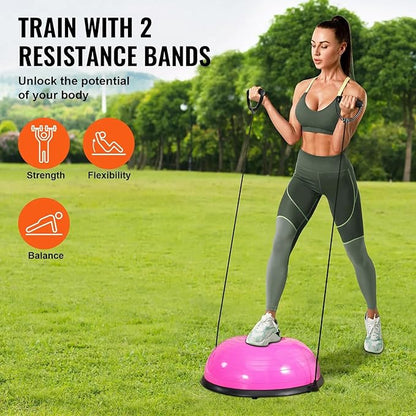 Half Exercise Ball Trainer 23 inch Balance Ball Trainer 1500lbs Capacity Stability Ball with Resistance Bands & Foot Pump, Strength Fitness Ball for Home Gym Full Body Workout