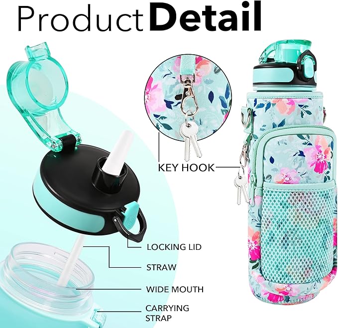 32 oz Water Bottles with Straw & Strap, Motivational Water Bottles with Times to Drink, BPA Free Reusable Sports Water Bottle with Sleeve Carrier for Hiking, Travel, Running or Fitness