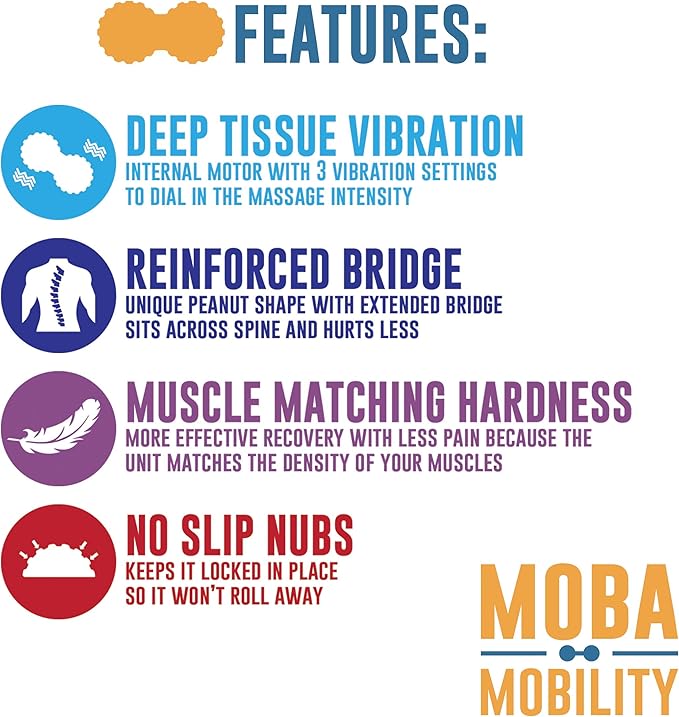 Moba Mobility Tool - Deep Tissue Massaging Vibrating Peanut - Fitness and Sports Recovery, Mobility, and Therapy Tool. Cordless, Rechargeable, 150 Min of Run Time with 3 Intensity Levels
