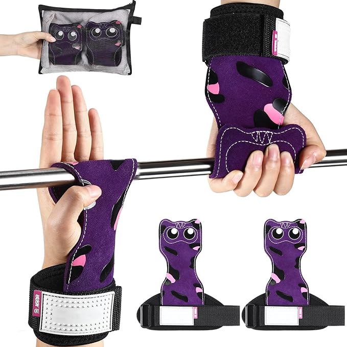 Lifting Wrist Straps Weight Lifting Grips with Cushion Wrist Loop Gym Workout Straps Double Layer Leather with Storage Pouch for Women and Men Deadlift Powerlifting Pull Up