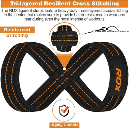 RDX Weight Lifting Straps Figure 8, Anti Slip Strap with Cuffs Wrist Support for Gym Workout Deadlift Powerlifting Bodybuilding Weightlifting, Fitness Strength Training, Hand Bar Grip for Men