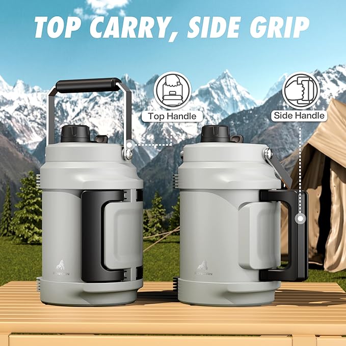 POWCAN 64 oz Insulated Water Bottle, 2-in-1 Straw Spout Lid, Dual Handle, Leakproof, Keep Cold 48H, Half Gallon Stainless Steel Water Jug for Travel, Gym, Work, Trip, Hiking, Workout, Picnic (Frost)