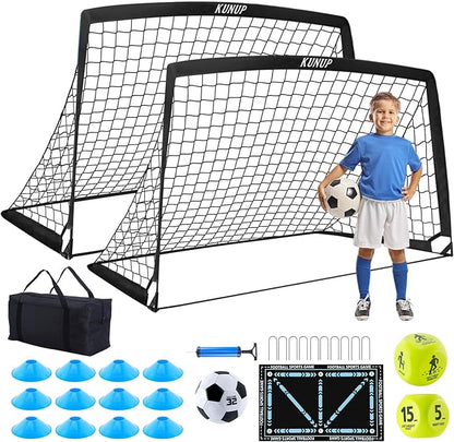2 Set Kids Soccer Goals for Backyard with Training Equipment, Portable Foldable Practice Nets with Ball, Dice & Mat, Cones, Air Pump and Carry Bag for Toddler Youth Outdoor Sports Game