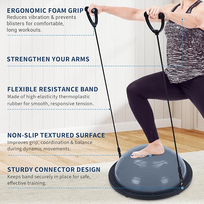 1 Pack PVC 23 Inch Yoga Half Ball with ABS Base Stability Ball - 6 Non-Slip Feet, 30 Inch Resistance Bands, Anti-Skid Yoga Ball, Adjustable Resistance Bands