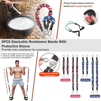 DASKING Portable Home Gym Resistance Band Set With8 Anti-Break Bands, Detachable 500LBS Pilates Bar, Full Body Workout Equipment w/Ankle Straps & Door Anchor