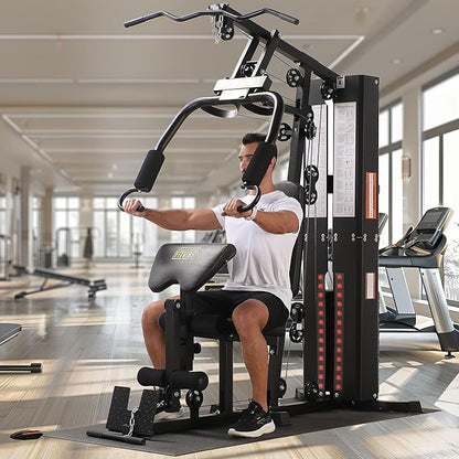 BalanceFrom Multifunctional Steel Frame Home Gym Machine with Floor Mat – Strength Training Workout Station with 160-Pound Weight Stack, Lat Pull & Low Row Bars, 4-Roll Leg Developer & Press