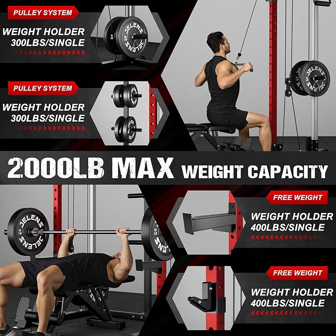 C21 Power Cage, 2000LBS Multi-Function Power Rack with Independent Dual Pulley System, All-in-One Squat Rack for Cable Crossover, Home Gym Workout Machine with More Training Attachments