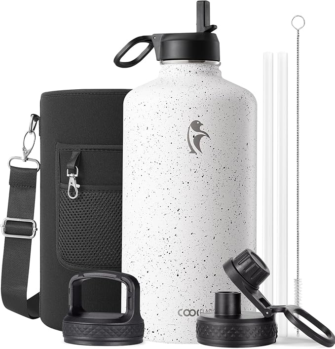 Coolflask 128 oz Gallon Water Bottle Insulated with Straw&3 Lids, Water Jug Large Stainless Steel Metal Vacuum Wide Mouth for Sports, Gym or Office, Non-BPA Keep Cold 48H Hot 24H, Arctic White