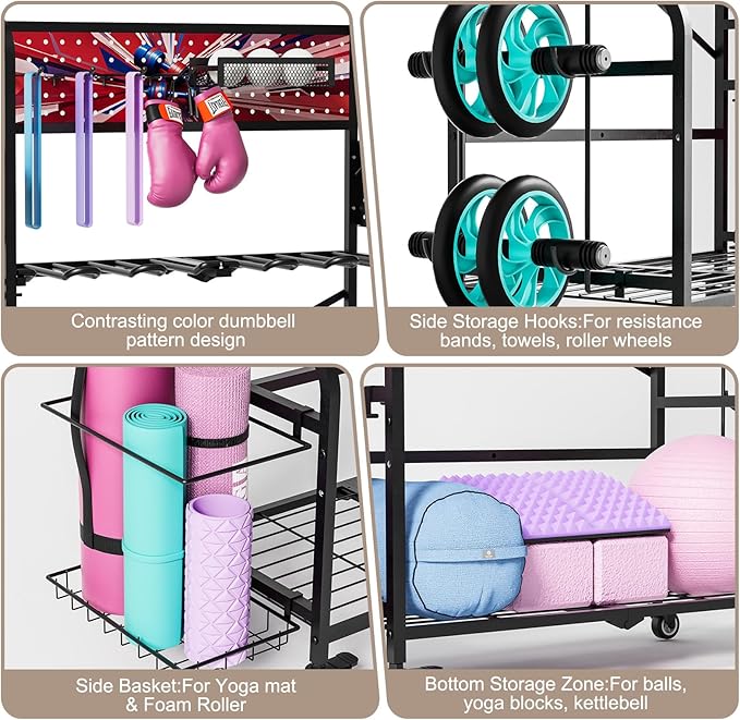 Home Gym Storage Rack with Wheels, Dual-Row & Heavy-Duty Dumbbell Rack and Yoga Mat Storage, Space-Saving Vertical Gym Equipment Storage Stand for Home Gym Accessories