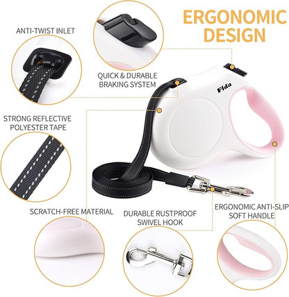 Fida Retractable Dog Leash with Dispenser and Poop Bags, 10 ft Pet Walking Leash for X-Small Dog or Cat up to 18 lbs, Anti-Slip Handle, Tangle Free, Reflective Nylon Tape (XS, White)