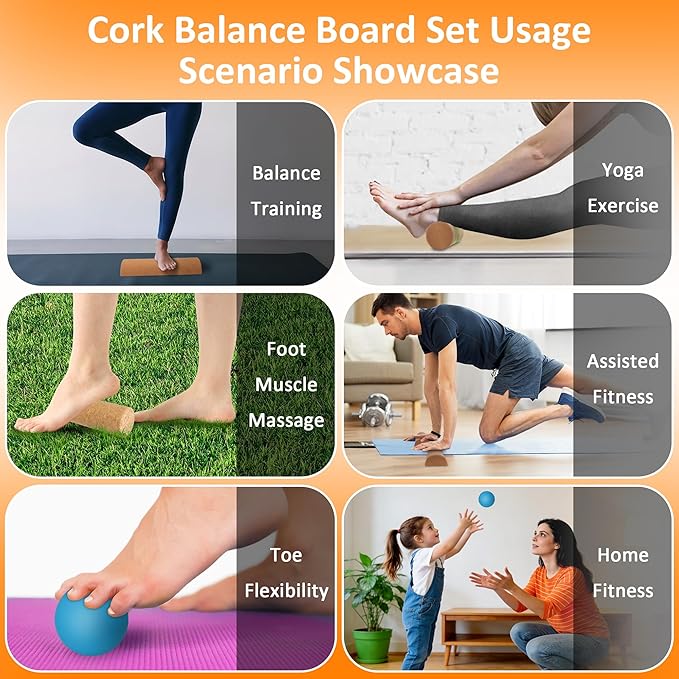 Cork Balance Board,4-in-1 Foot & Ankle Strengthener Kit-Ankle & Foot Strengthener Balance Trainer with Massage Roller & Ball,Natural Cork Foot Strengthener,Improve foot Functio,Enhance ankle strength,Balance Stability, Prevent Falls.